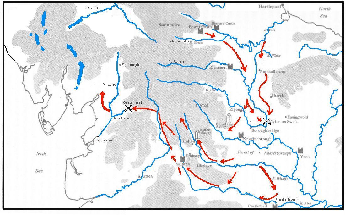 Map of Bruce's raids of 1319 in Northern England